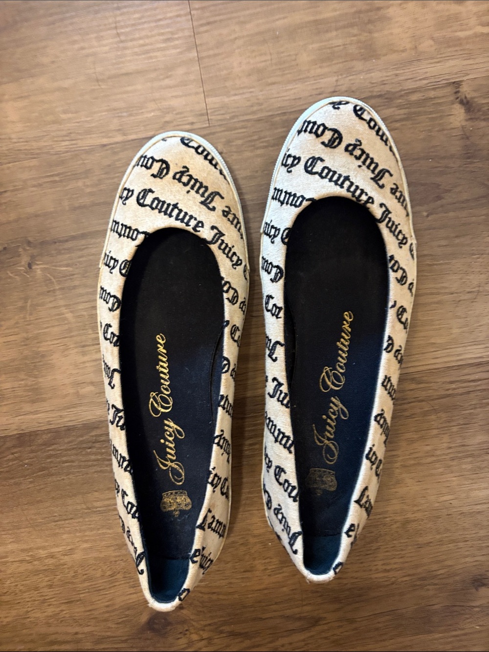 Juicy Couture Cream and Black Logo Slip-On Flats